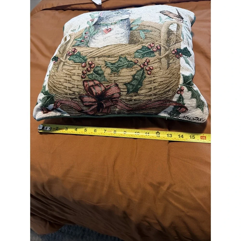 Vintage Debbie Cook Cat In Basket Tapestry Pillow With Bird Cottage Core!
